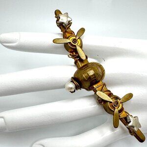 Brass Ring Airplane Propeller Handmade Star Accents Faux Pearl Detail Sz 7 OOAK